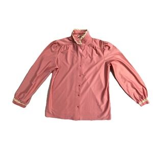 Vintage Fire Islander Shirt Womens L Blush Satin Pleated Lace Trim Cottagecore